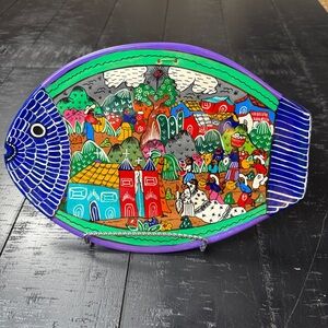 Vintage Fish Plate Mexican Folk Art Clay Pottery Hand Painted Wall Hanging Decor